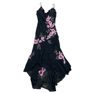 Sue Wong Nocturne Black Pink Beaded Evening Dress Sz 14 Stretch Ruffle Silk